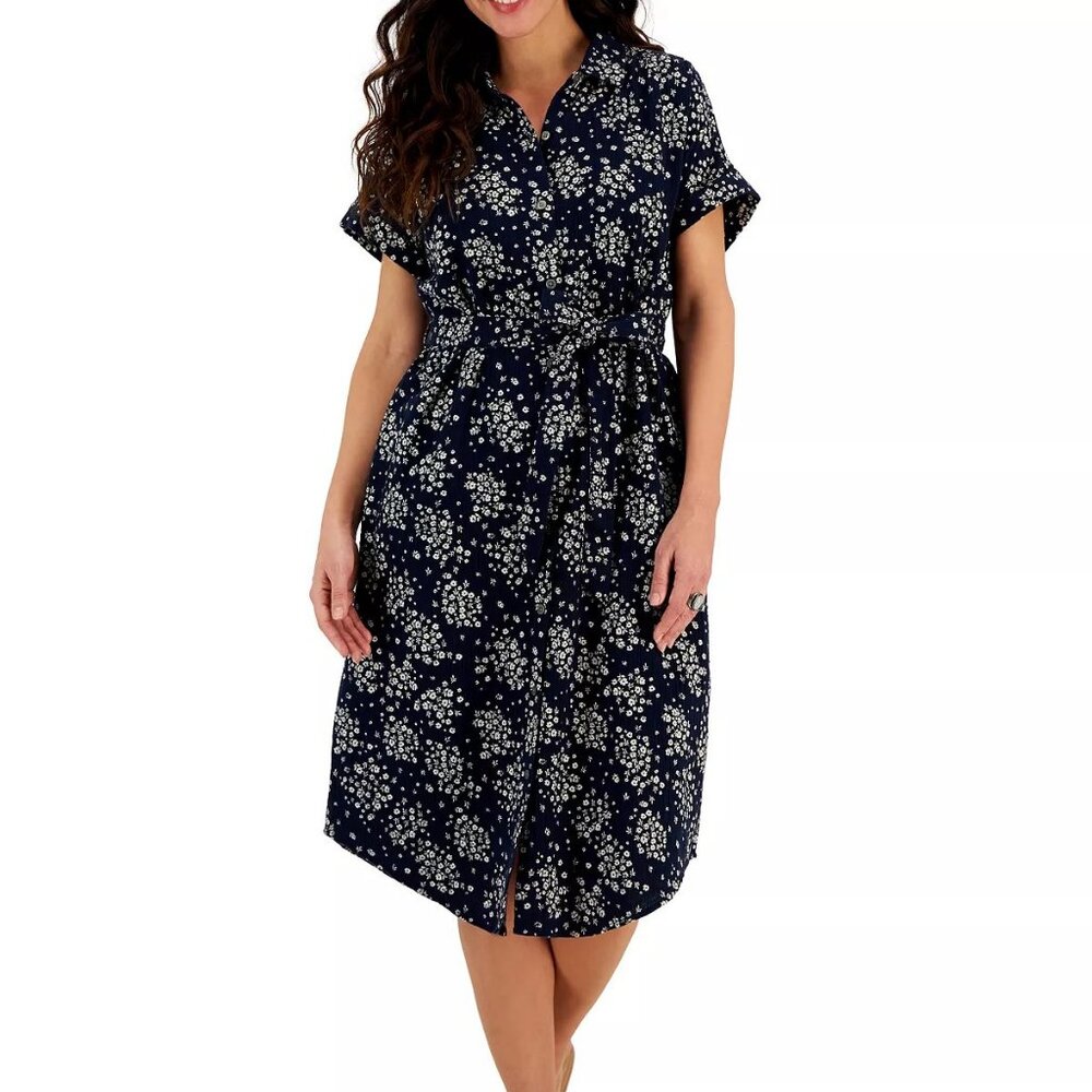 New Style&Co Cotton Floral-Print Woven Shirtdress, Blue Floral, sizes M, L, XL
